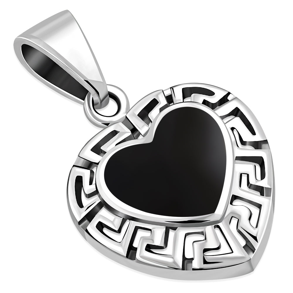 Black Onyx Heart Greek Key Silver Pendant