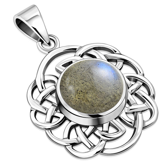 Round Celtic Knot Silver Pendant set w/ Labradorite