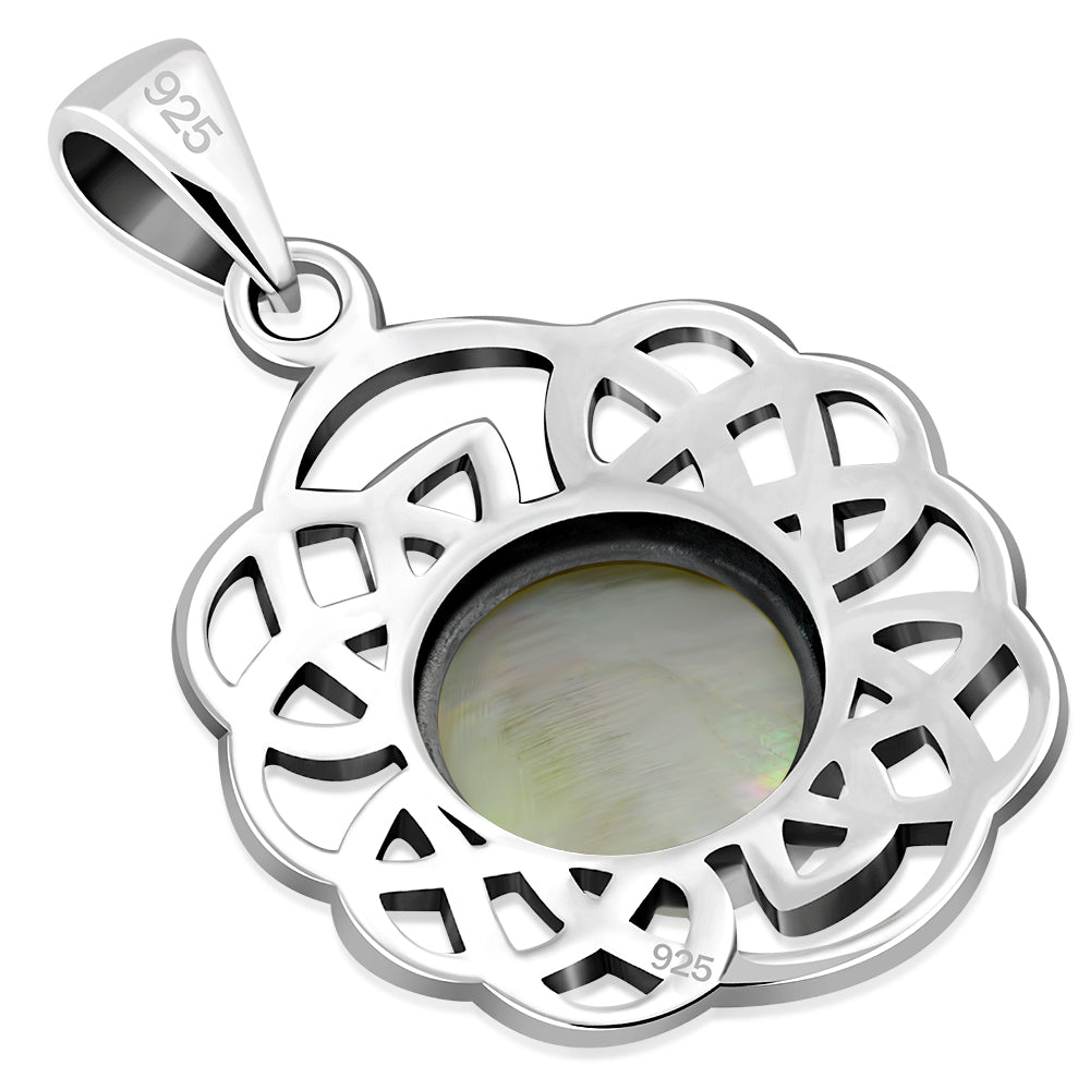 Round Celtic Knot Silver Pendant set w/ Mother of Pearl