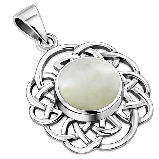 Round Celtic Knot Silver Pendant set w/ Mother of Pearl