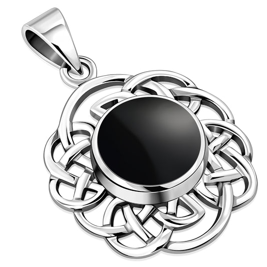 Round Celtic Knot Silver Pendant set w/ Black Onyx