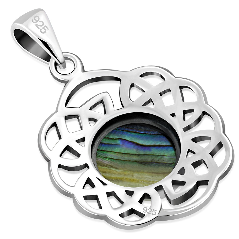 Round Celtic Knot Silver Pendant set w/ Abalone Shell