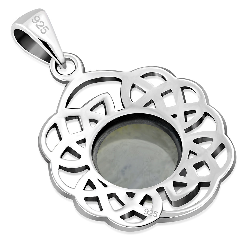 Round Celtic Silver Pendant set w/ Rainbow Moonstone