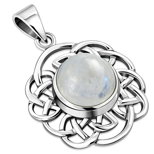 Round Celtic Silver Pendant set w/ Rainbow Moonstone