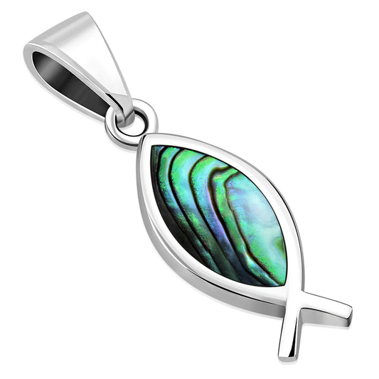 Abalone Shell Silver Jesus Fish Pendant