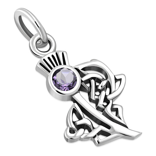 Tiny Amethyst Stone Celtic Thistle Silver Pendant