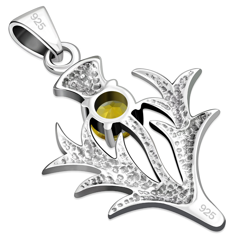 Large Scottish Thistle Silver Pendant w/ Citrine Stone