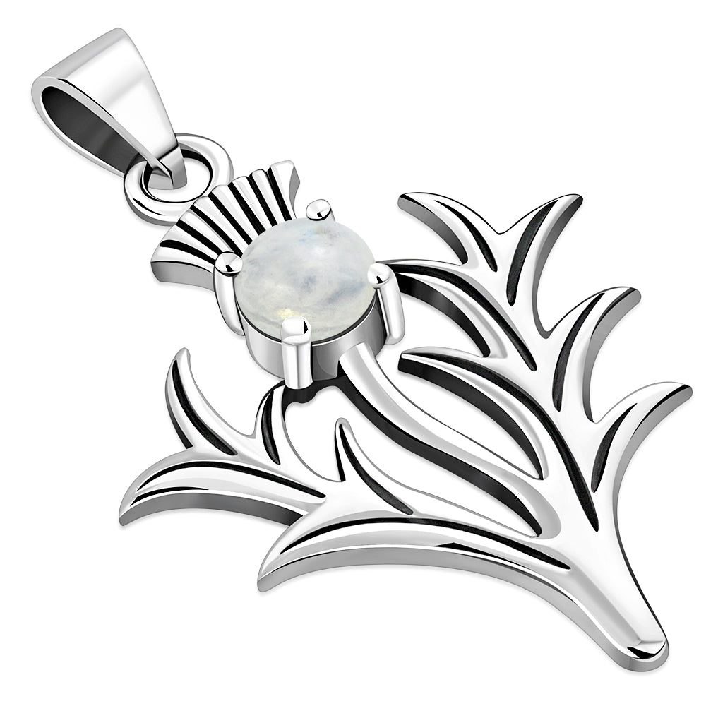 Large Scottish Thistle Silver Pendant w/ Rainbow Moonstone