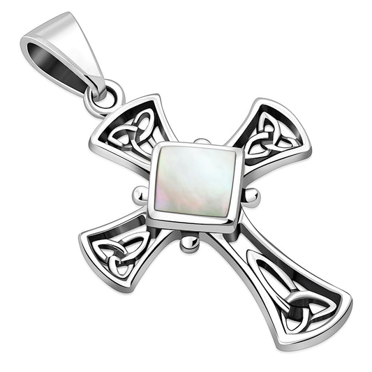Mother Of Pearl Shell Celtic Irish Trinity Knot Cross Silver Pendant