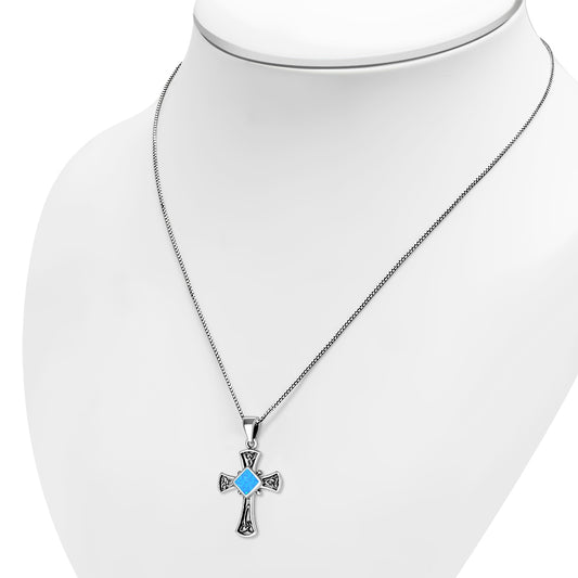 Synthetic Azure Blue Opal Celtic Irish Trinity Knot Cross Silver Pendant