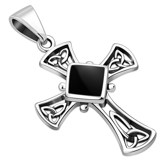 Black Onyx Celtic Irish Trinity Knot Cross Sterling Silver Pendant
