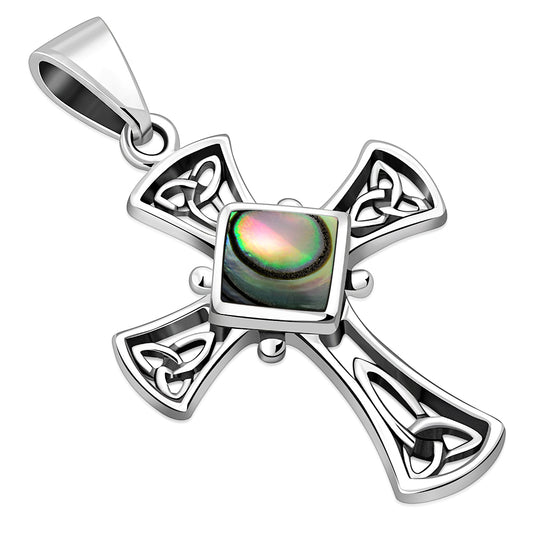 Abalone Shell Celtic Irish Trinity Knot Cross Silver Pendant