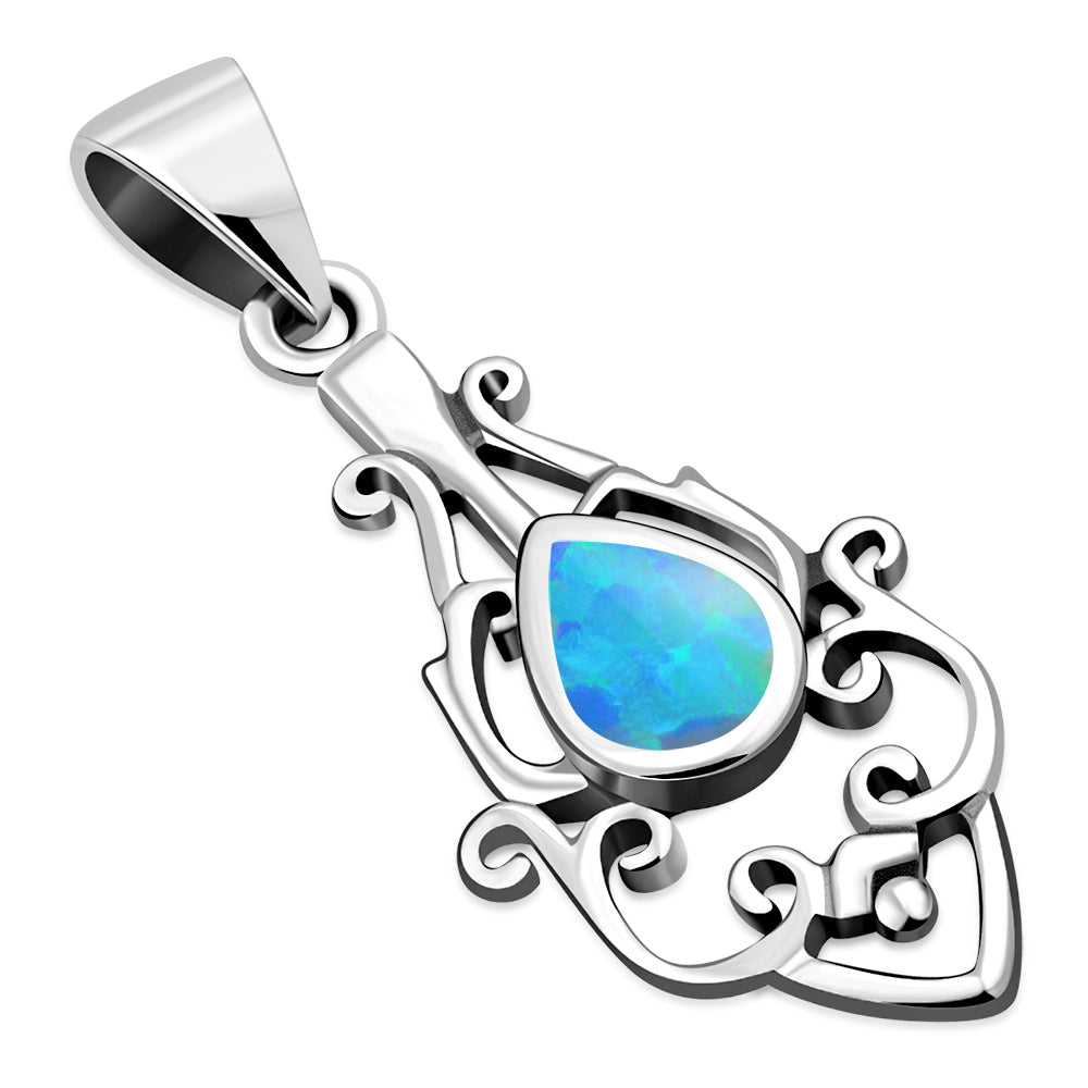 Synthetic Azure Blue Opal Ethnic Sterling Silver Drop Pendant