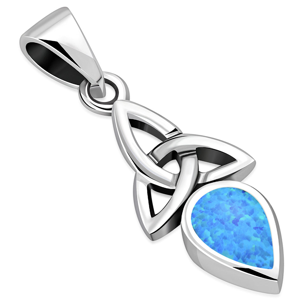 Tiny Synthetic Blue Opal Celtic Trinity Knot Silver Pendant