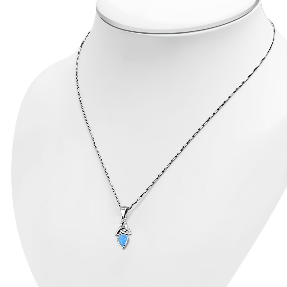Tiny Synthetic Blue Opal Celtic Trinity Knot Silver Pendant
