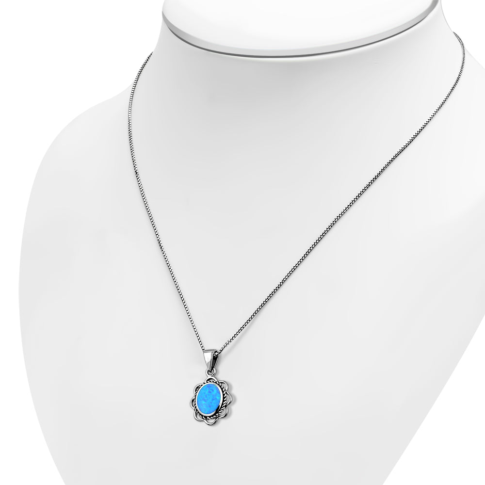 Synthetic Azure Blue Opal Sterling Silver Ethnic Oval Pendant