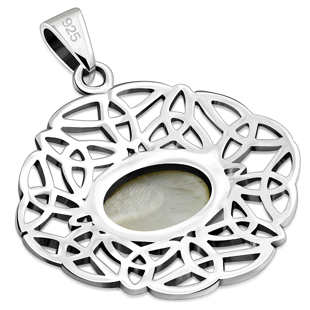 Mother Of Pearl Shell Oval Celtic Knot Silver Pendant