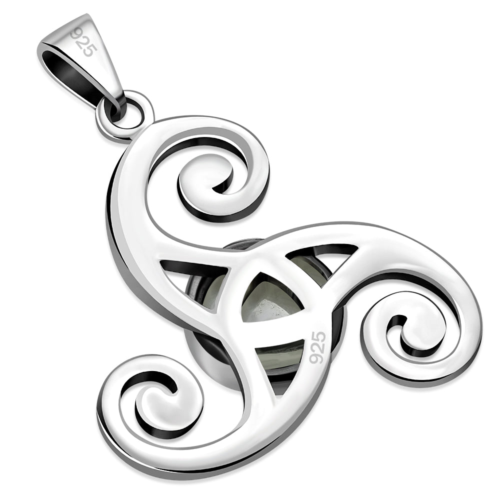 Rainbow Moonstone Triskele Triple Spiral Celtic Silver Pendant