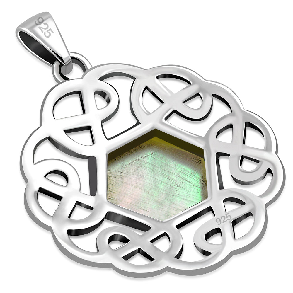 Mother Of Pearl Shell Round Celtic Knot Silver Pendant