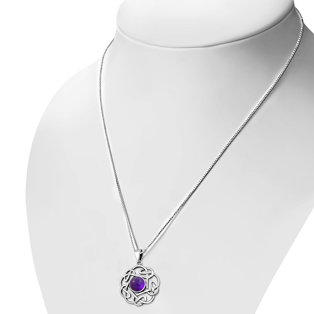 Amethyst Stone Round Celtic Knot Silver Pendant