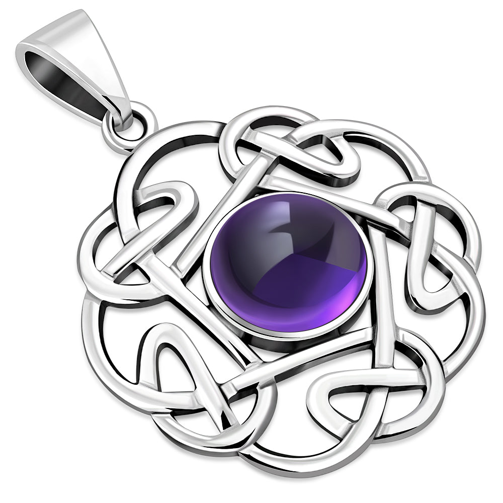 Amethyst Stone Round Celtic Knot Silver Pendant