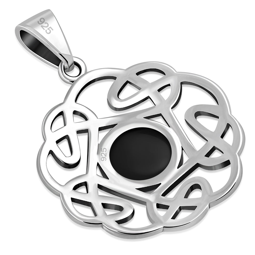 Black Onyx Round Celtic Knot Silver Pendant