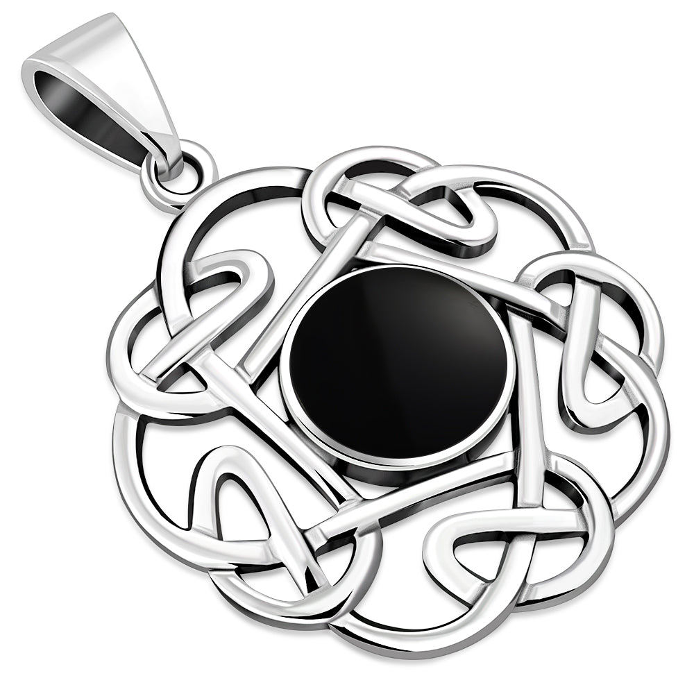 Black Onyx Round Celtic Knot Silver Pendant