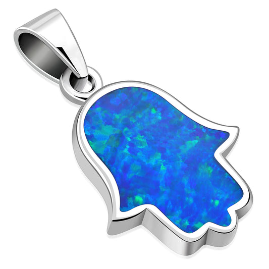 Synthetic Blue Opal Hamsa Silver Pendant