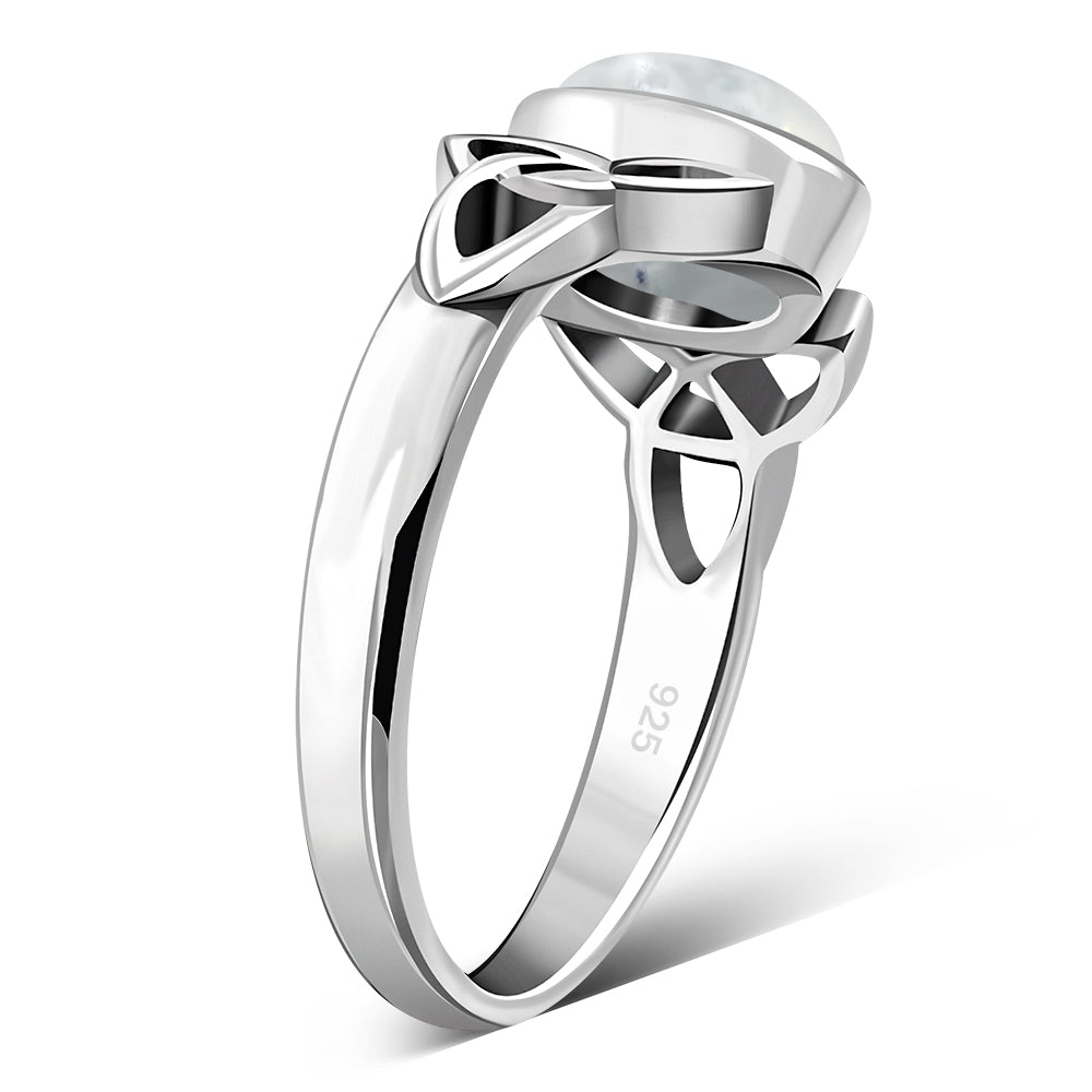 Celtic Trinity Knot Rainbow Moonstone Silver Ring