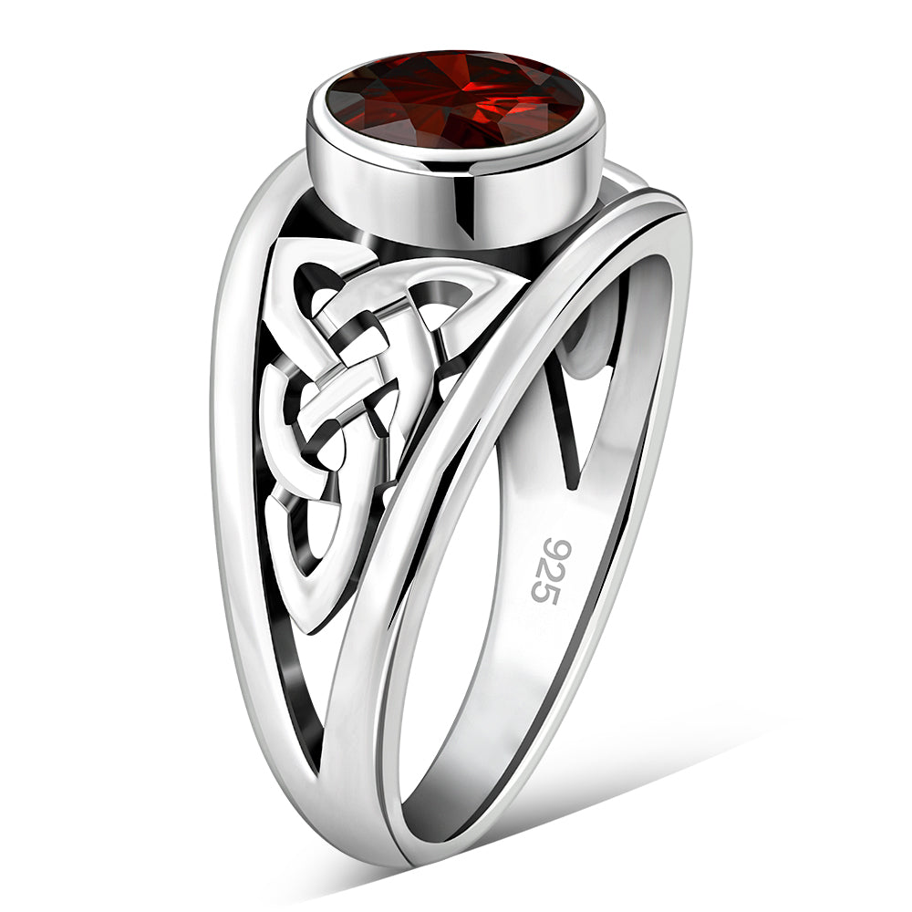 Garnet Stone Celtic Knot Silver Ring