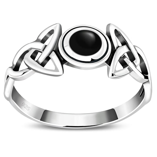 Trinity Knot Black Onyx Silver Ring