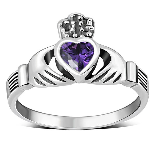 Irish Claddagh Sterling Silver Ring set w/ Amethyst CZ