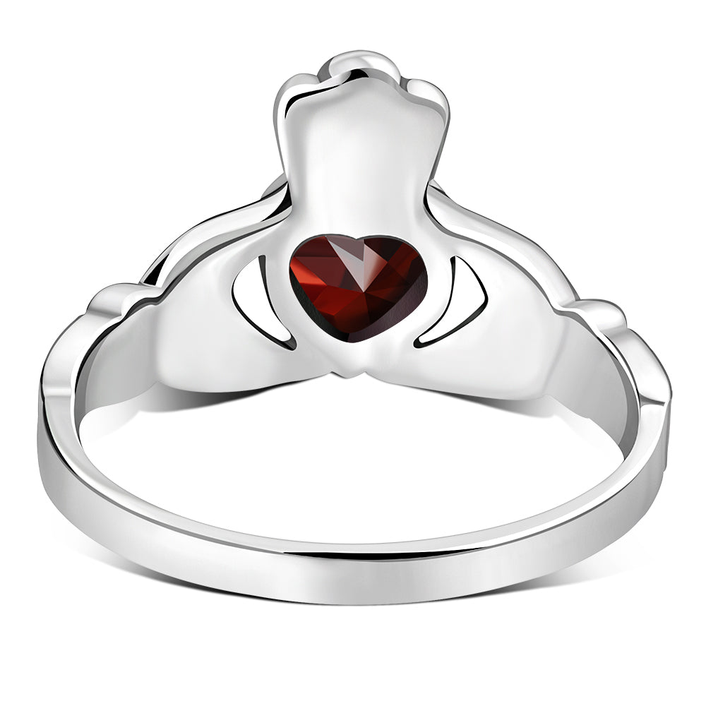 Irish Claddagh Sterling Silver Ring set w/ Garnet CZ