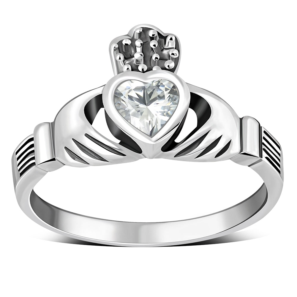 Irish Claddagh Sterling Silver Ring set w/ Clear CZ