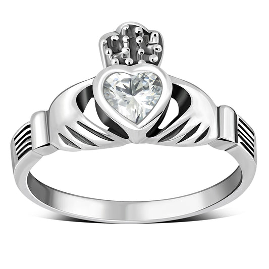 Irish Claddagh Sterling Silver Ring set w/ Clear CZ