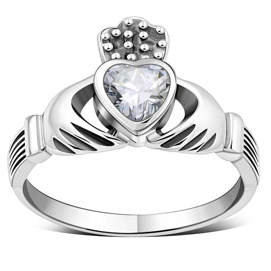 Irish Claddagh Sterling Silver Ring set w/ Clear CZ
