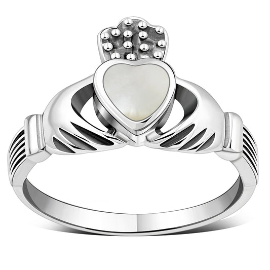 Irish Claddagh Sterling Silver Ring w/ Mother of Pearl