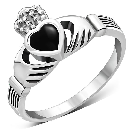 Irish Claddagh Sterling Silver Ring w/ Black Onyx