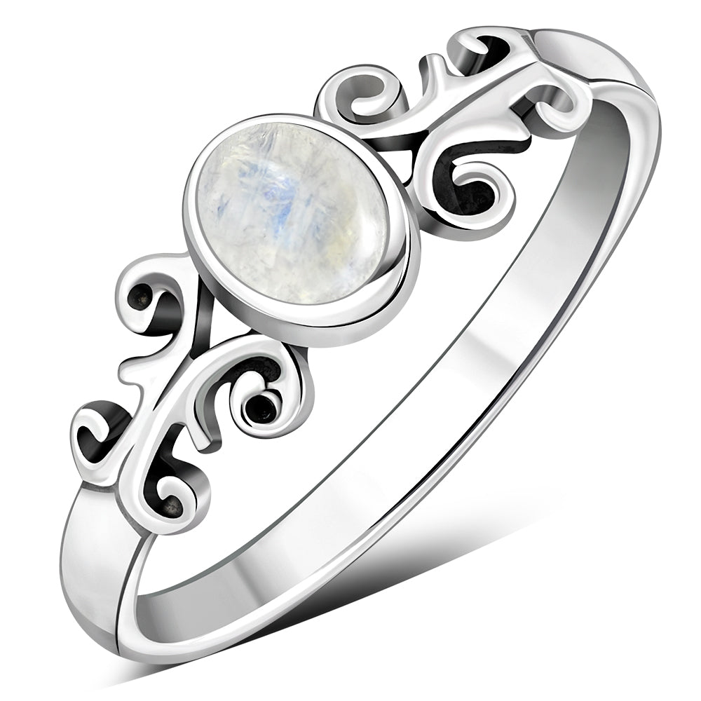 Ethnic Style Rainbow Moon Stone Silver Ring