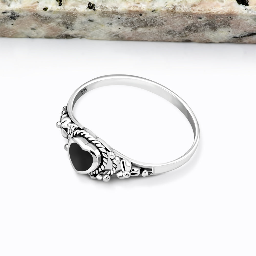 Heart Black Onyx Sterling Silver Ring
