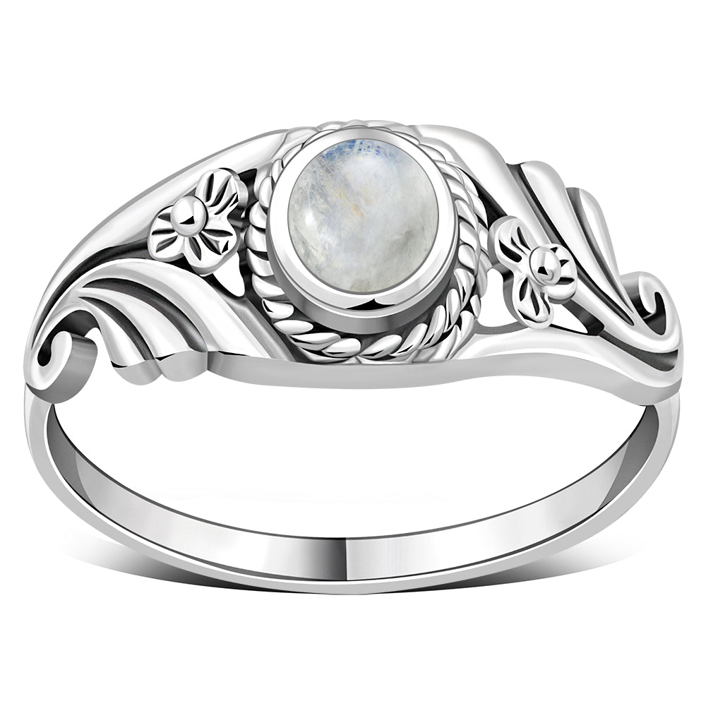 Flower Design Rainbow Moonstone Silver Ring