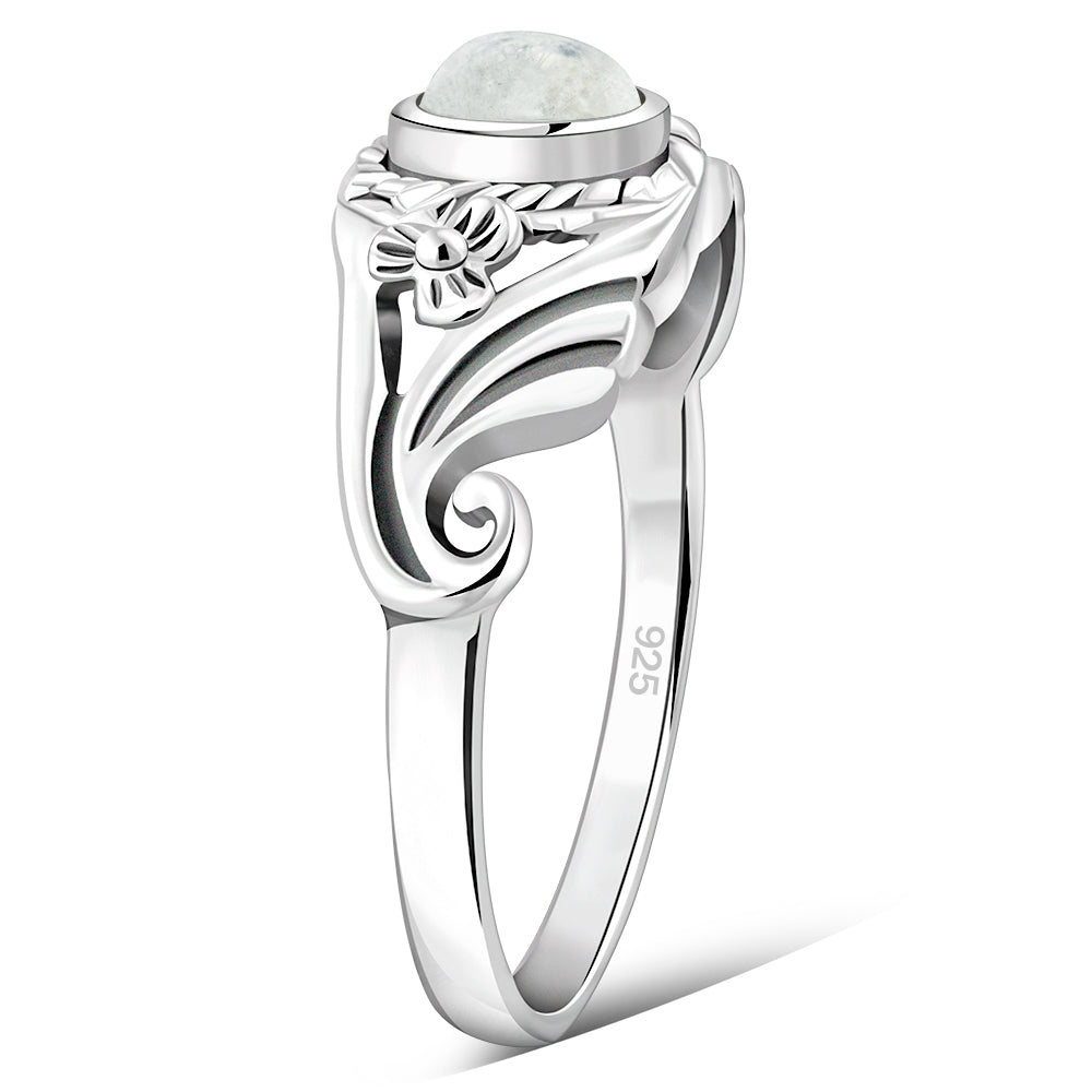 Flower Design Rainbow Moonstone Silver Ring