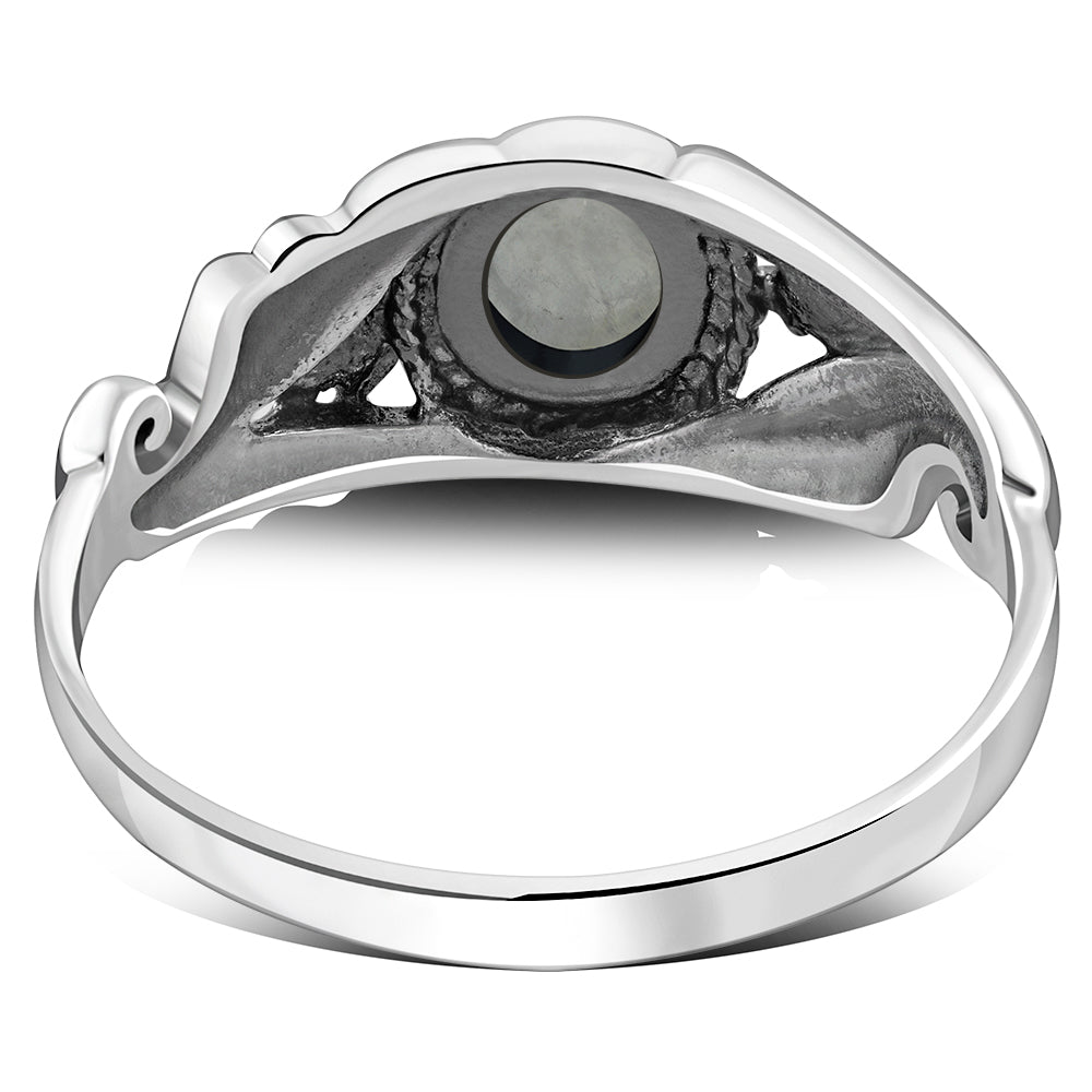 Flower Design Rainbow Moonstone Silver Ring