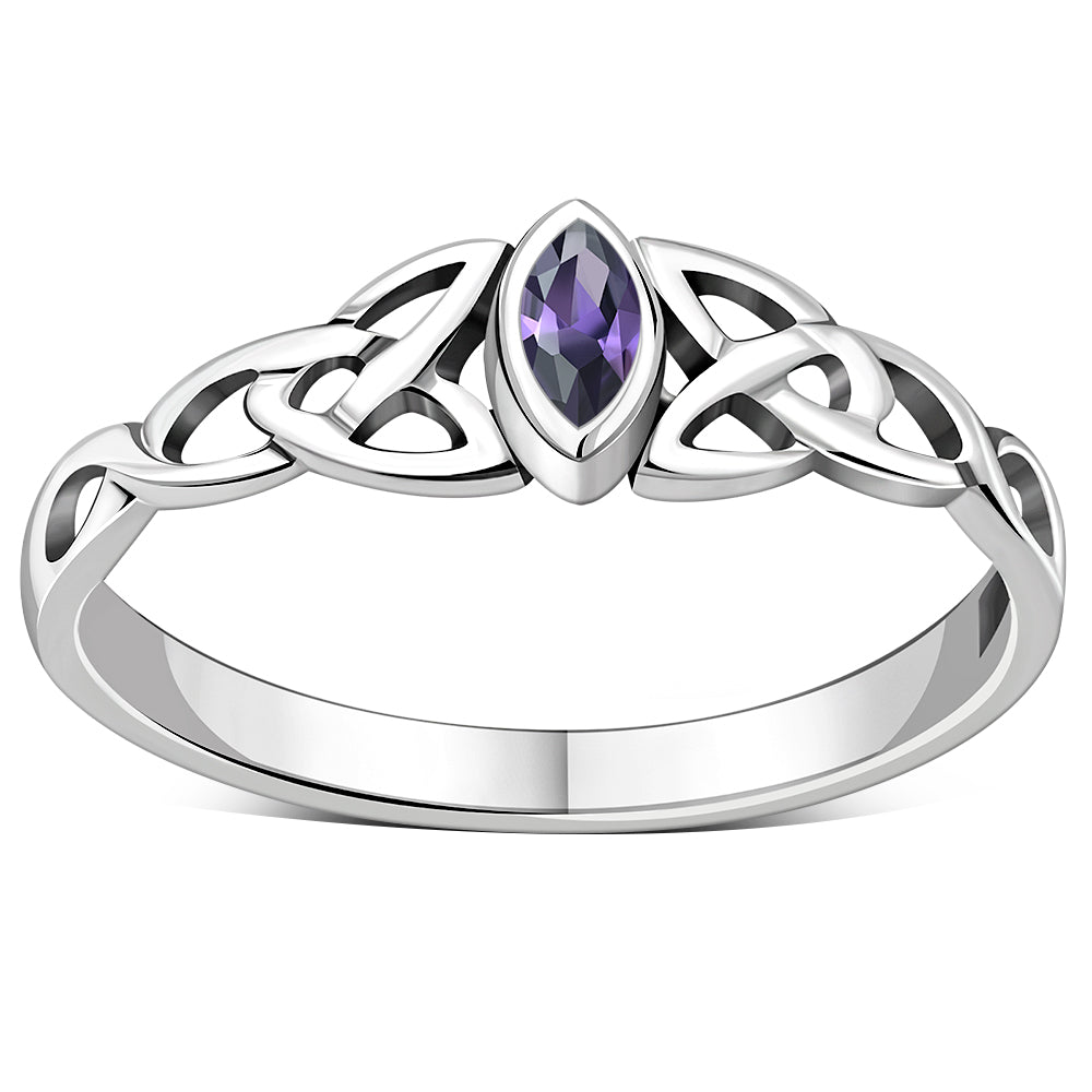 Celtic Thin Trinity Knot Silver Ring set w/ Amethyst Stone