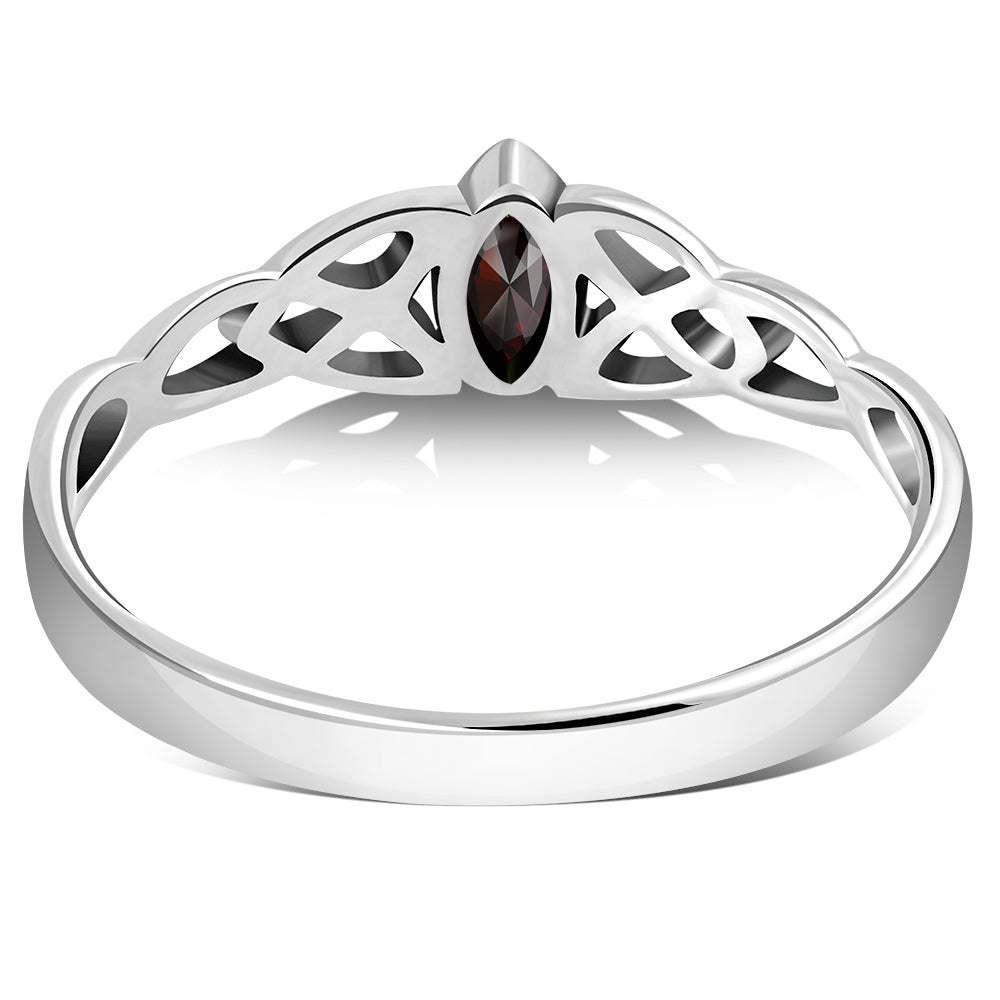 Celtic Thin Trinity Knot Silver Ring set w/ Garnet Stone