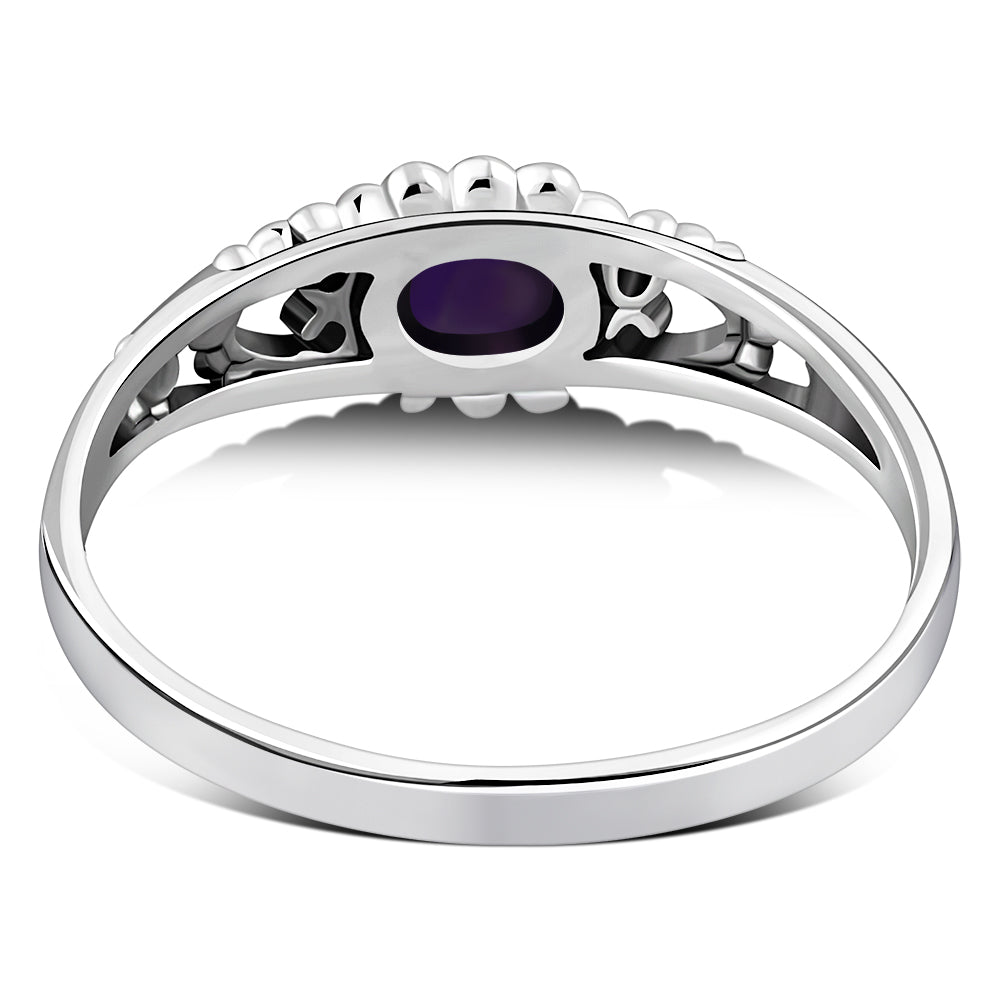 Thin Heart Amethyst Stone Silver Ring