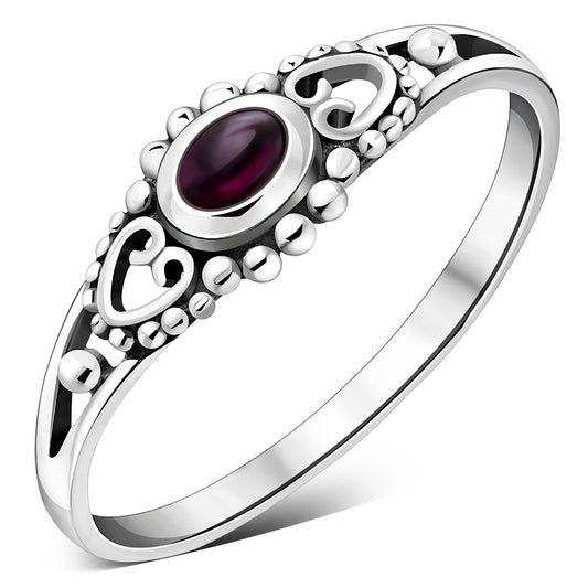 Thin Heart Garnet Stone Silver Ring