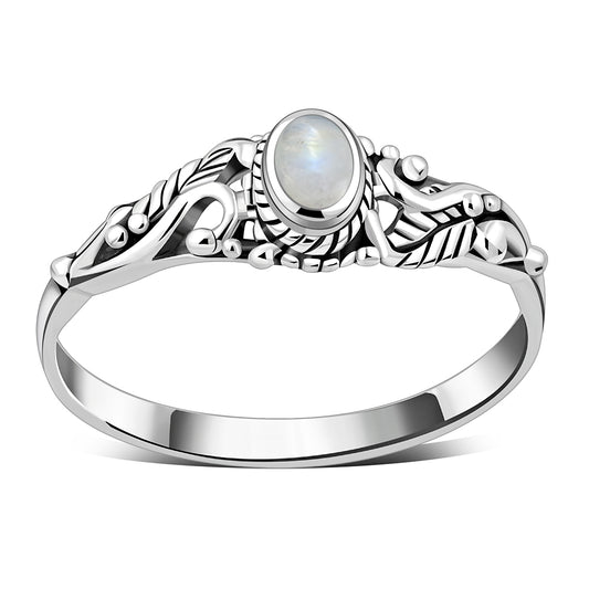 Sterling Silver Rainbow Moon Stone Leaves Ring