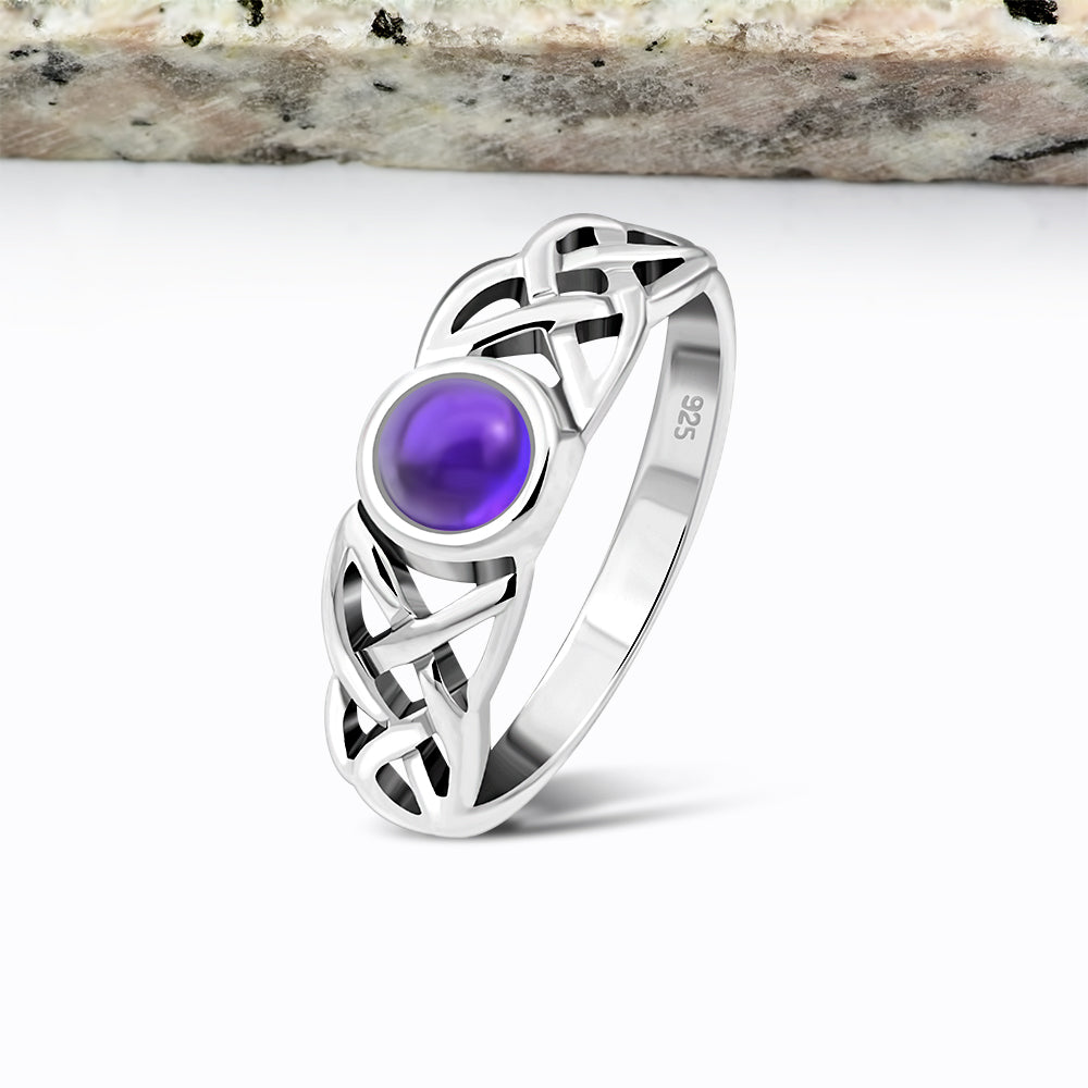 Irish Gaelic Celtic Knot 925 Sterling Silver Ring With Amethyst Stone