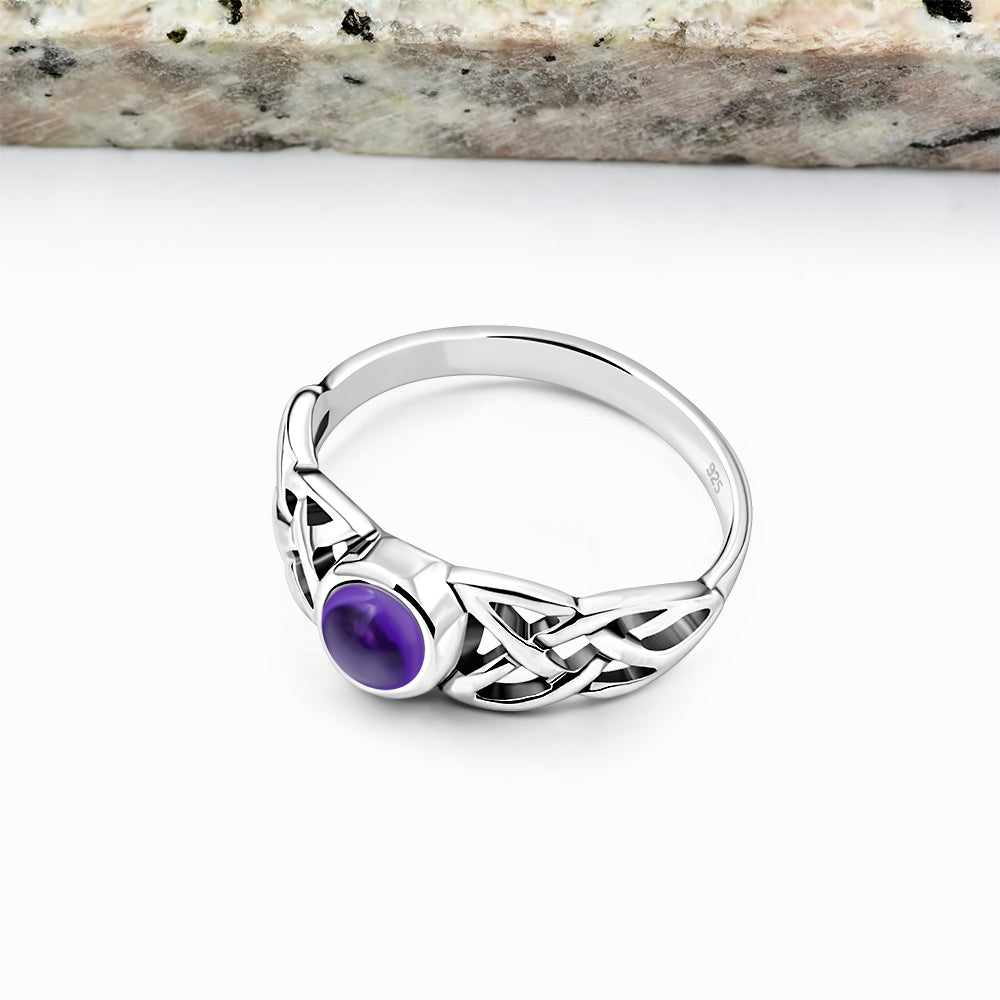 Irish Gaelic Celtic Knot 925 Sterling Silver Ring With Amethyst Stone